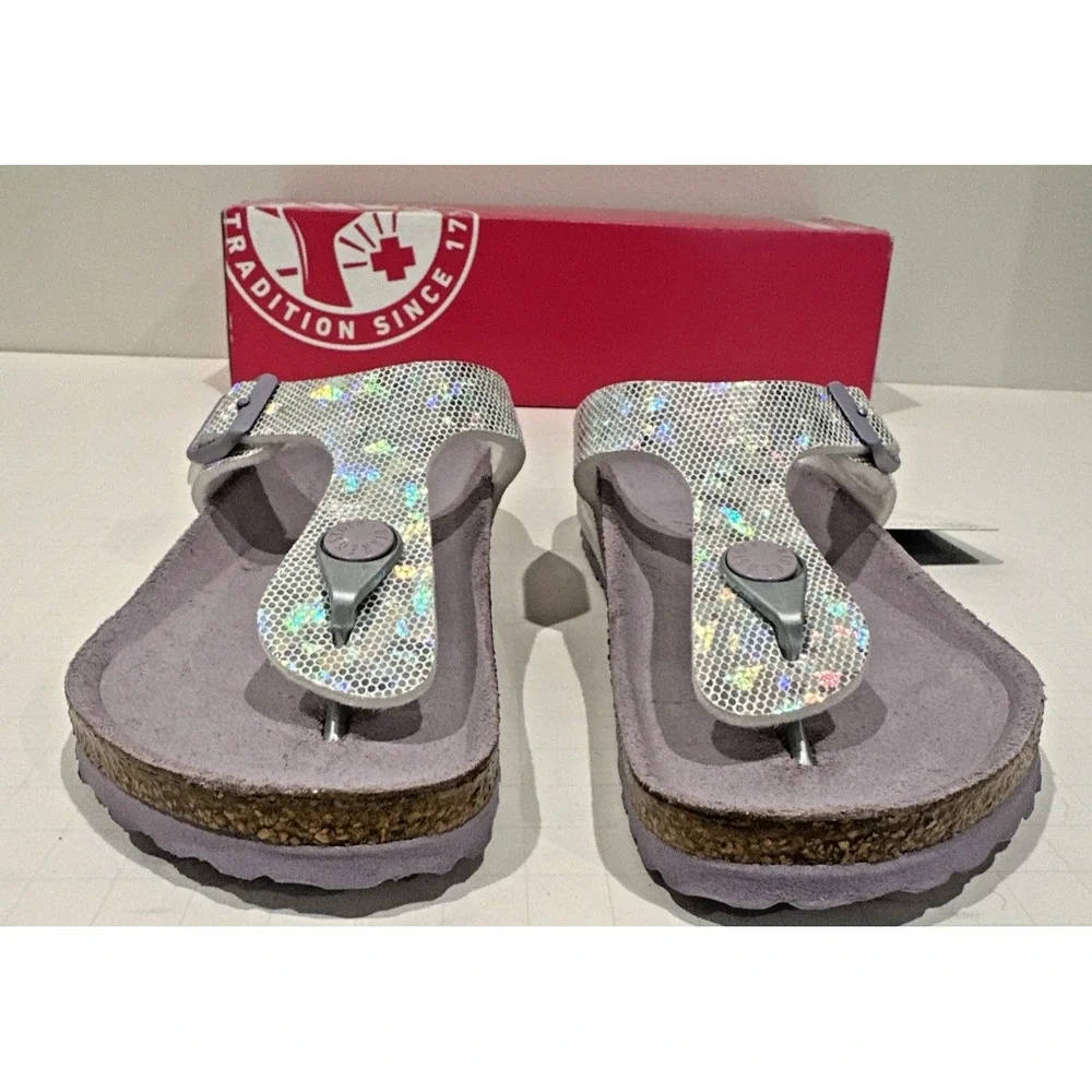 Birkenstock Kids Size EU 30 US K12 Narrow Gizeh Sandals Hologram Silver Lavender